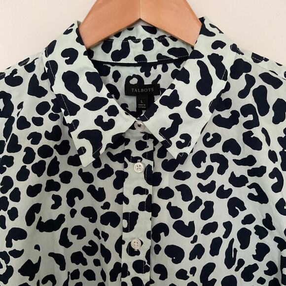 Talbots Sz L Mint Green & Navy Graphic Cheetah Classic Cotton Button Up Shirt - Picture 2 of 10